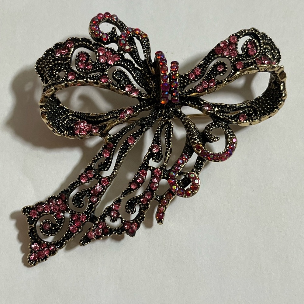 Elegant Black and Pink Bow Brooch